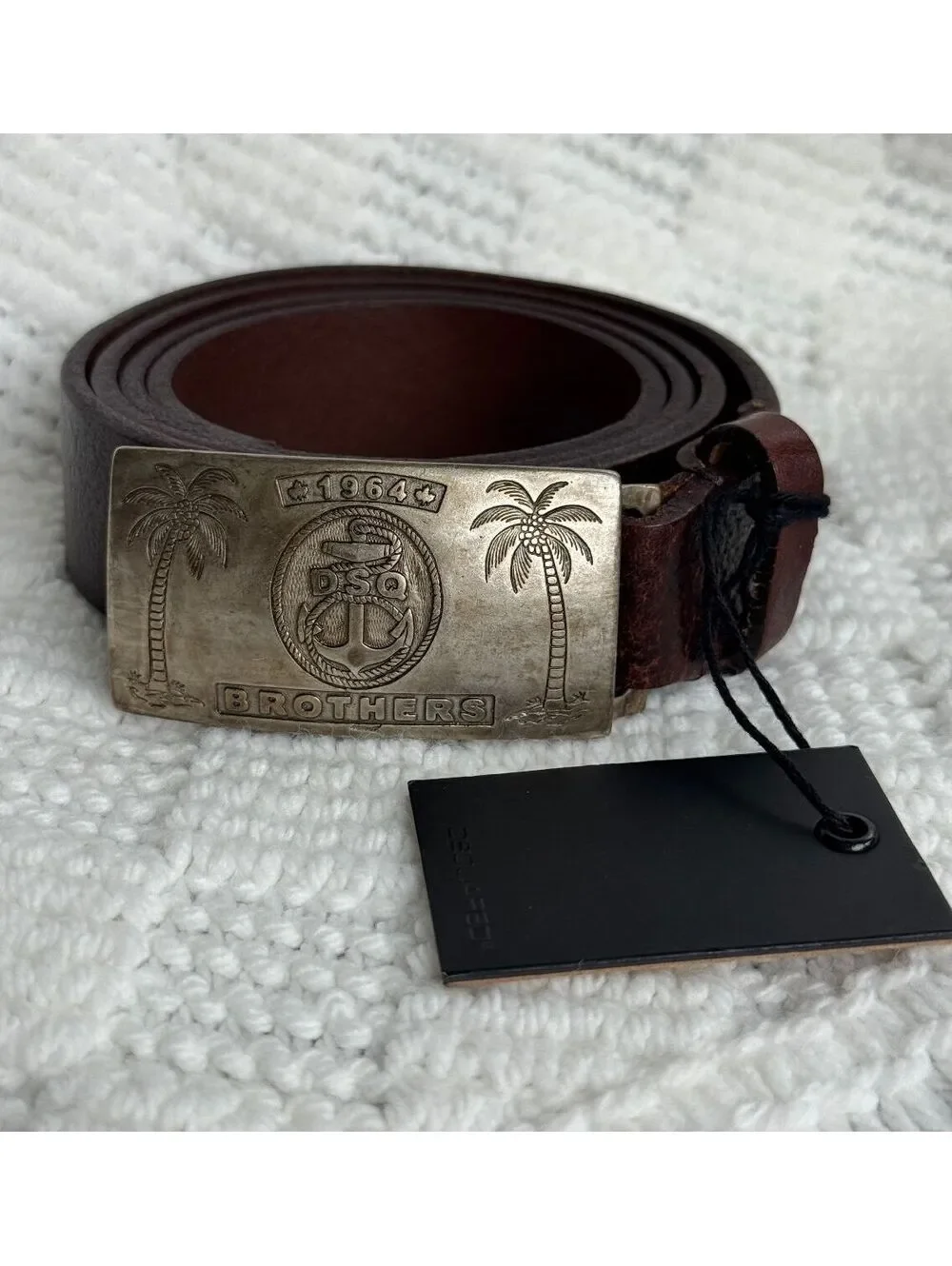 DSQUARED2 Brown Leather Belt Palm Tree Metal Buckle Size L NEW